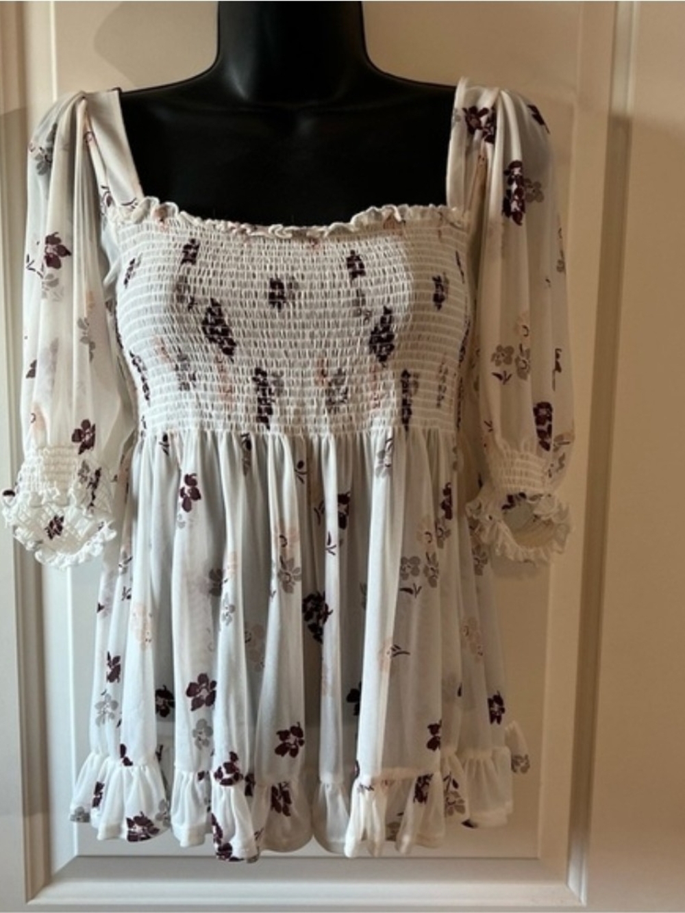 Free People Medium White Smocked Floral Top